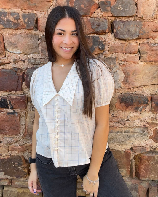 Tops | Blouse Light Taupe Checker Peter Pan Collar V-Neck Button