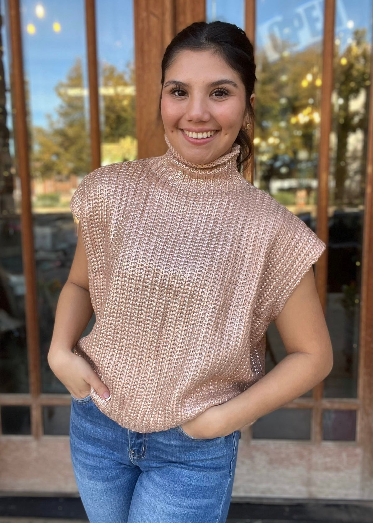 Tops | Gold Metallic Foil Sweater Vest