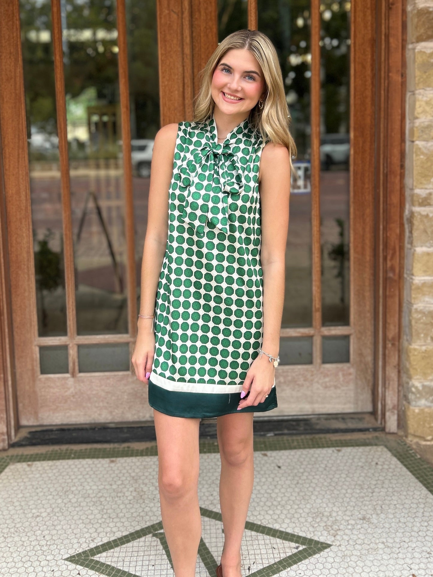 Dress | Mini Green Geometric Print With Solid Contrast Hem Sleeveless