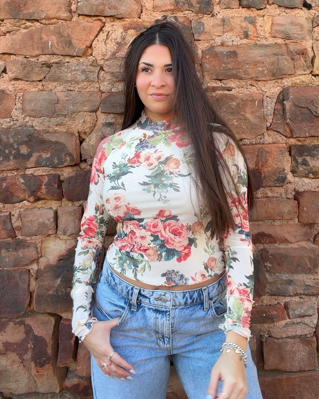 Top - Floral Print Mesh Mock-Neck