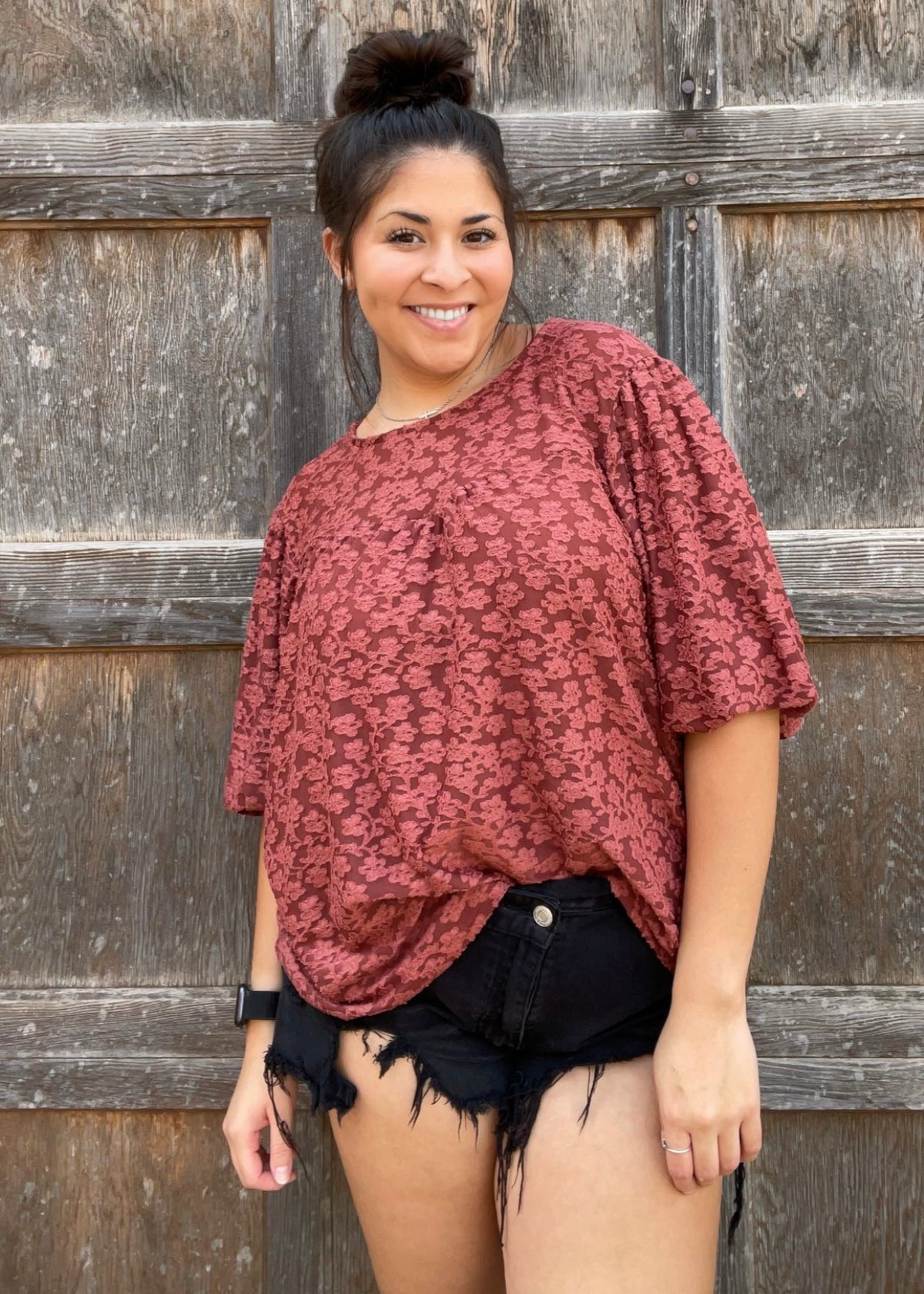 Top | Easel Rosewood Bubble Sleeve Burnout Lace Top