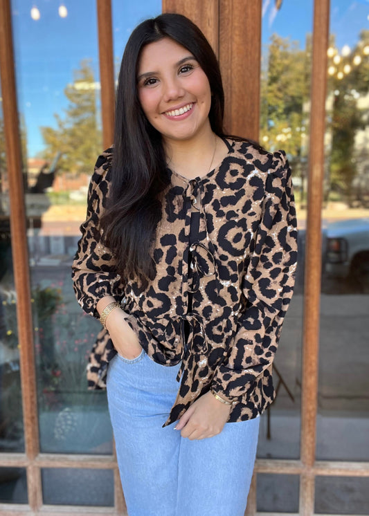 Top | Blouse Leopard Tie Front Peplum Waist