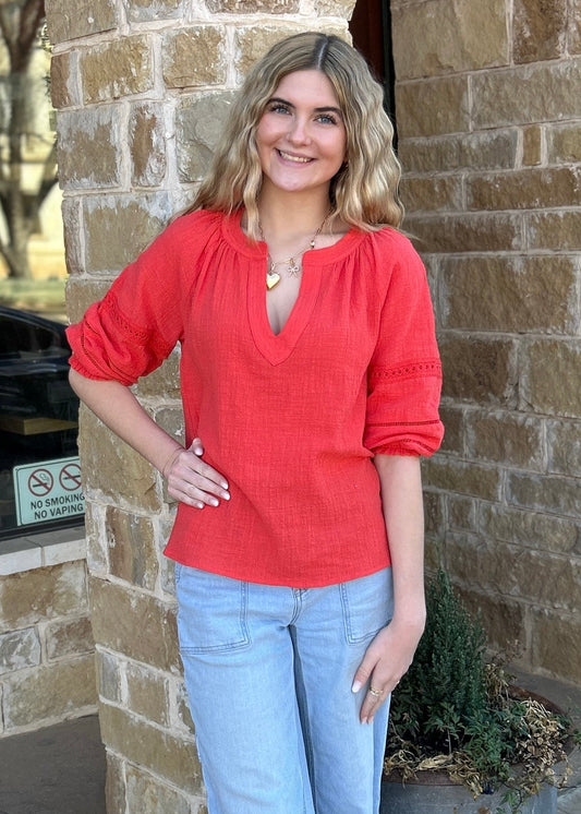 Top | Coral Smocked 3/4 Sleeve Lace Trim Blouse
