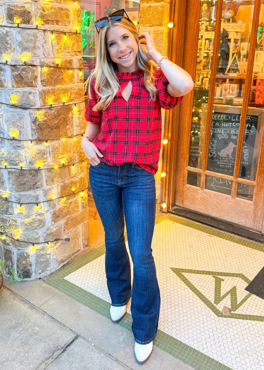 Top | Blouse Woodland Red Plaid Split Neck with Front Botton Closure Modified Puff Sleeves