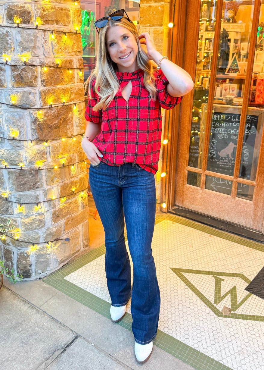 Top | Woodland Red Plaid Split Neck Blouse