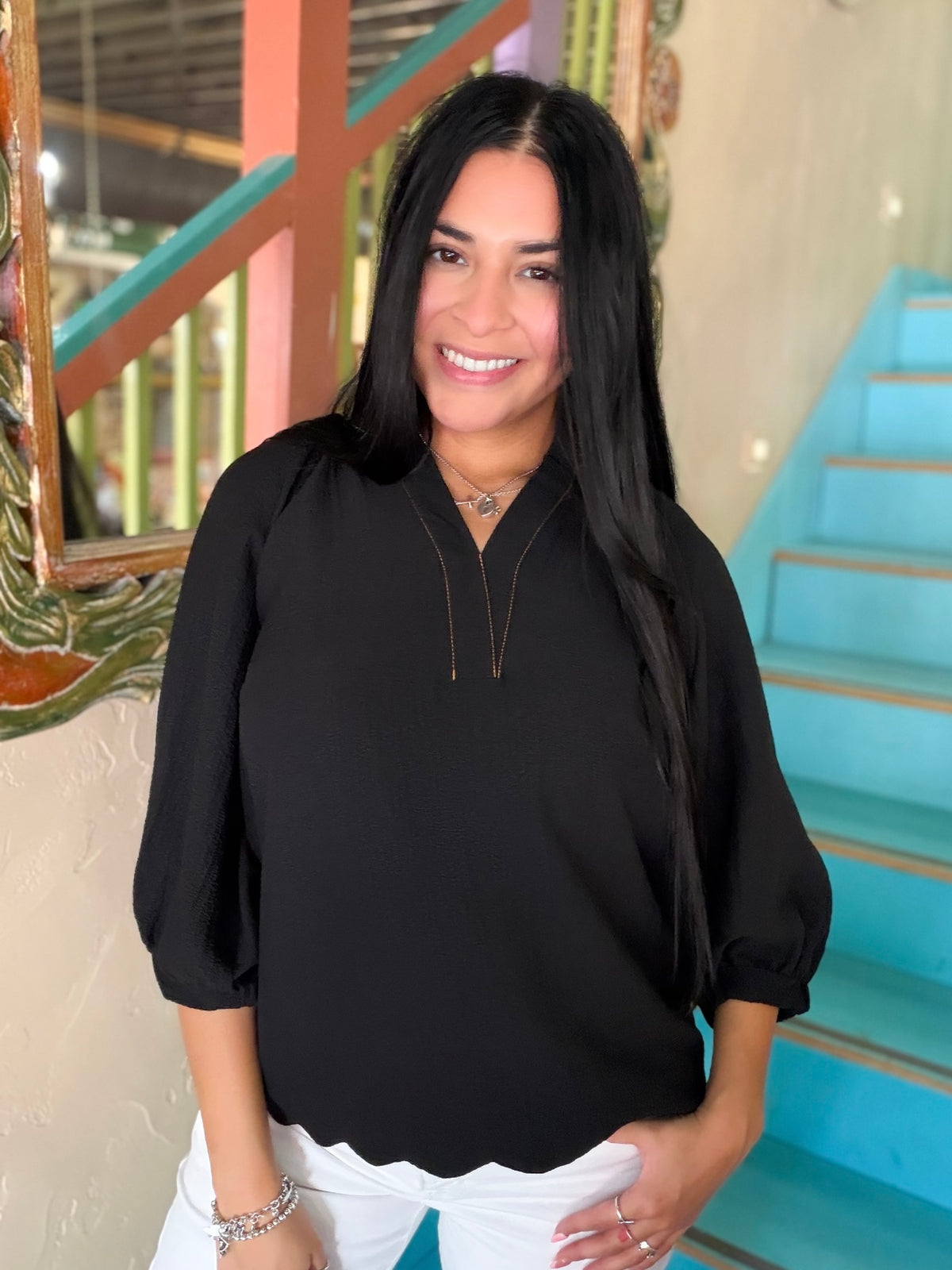Blouse - Black Scallop Balloon Sleeve