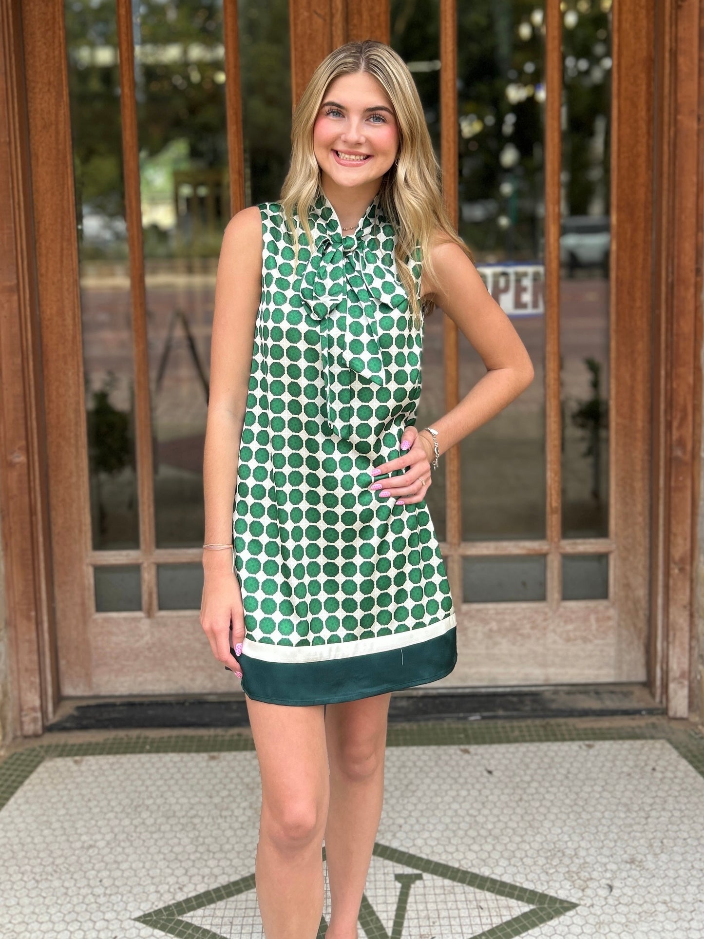 Dress | Mini Green Geometric Print With Solid Contrast Hem Sleeveless