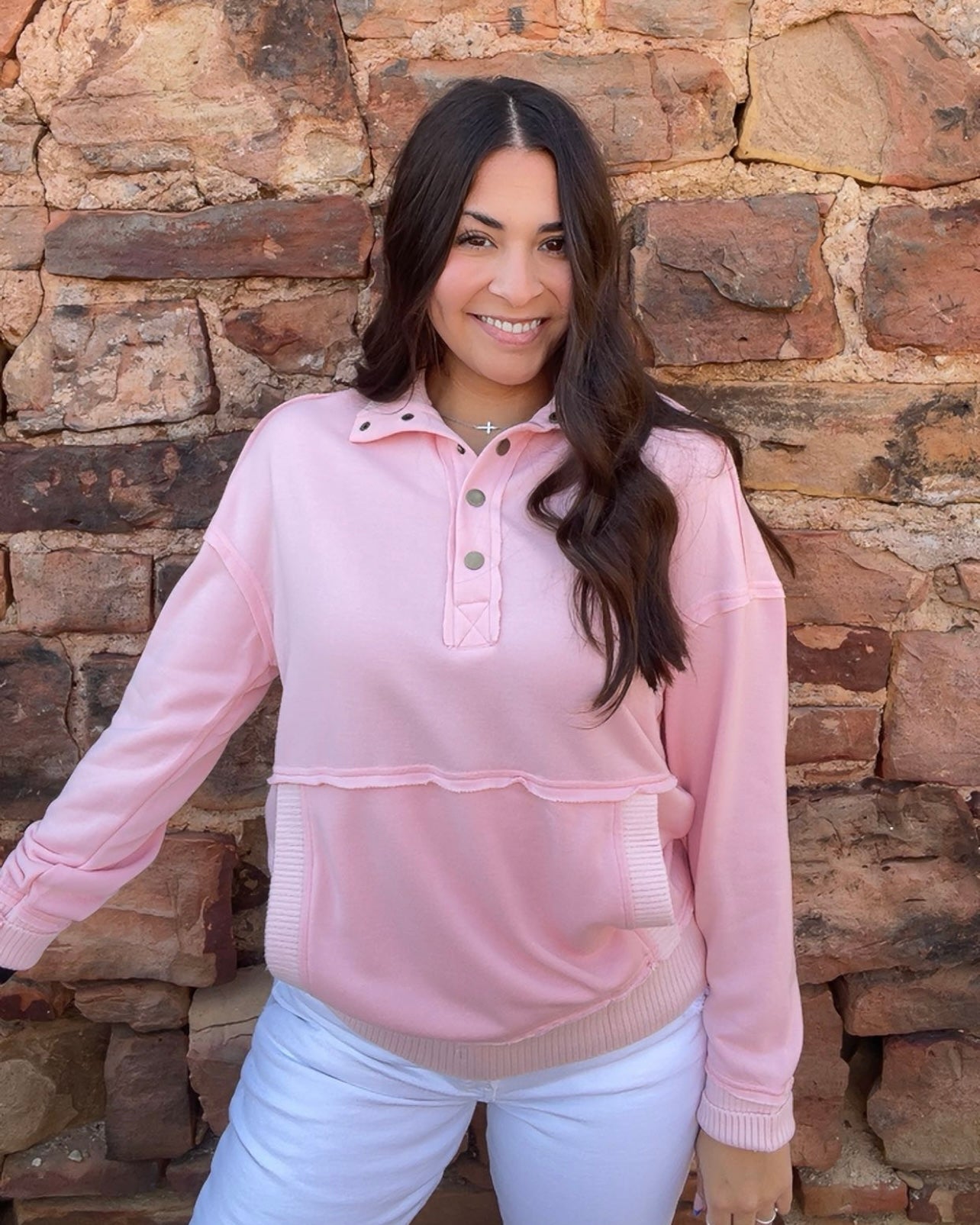 Tops | Sweatshirt Pink Exposed Seam Henley Snap