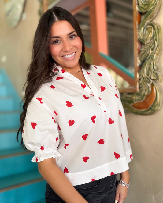 Blouse - Heart Print V-Neck