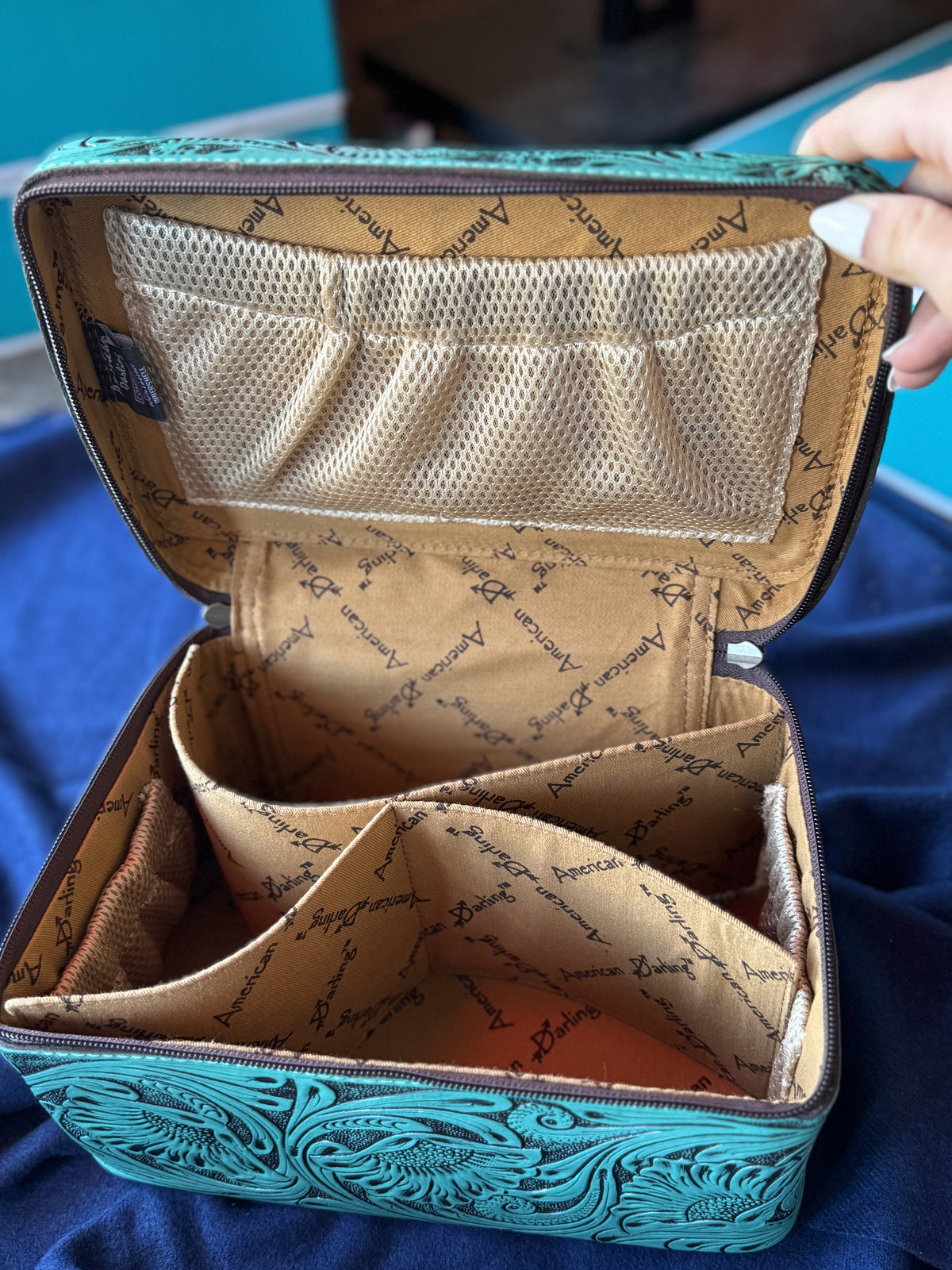 Jewelry Storage | Blue Hand Tooled Leather Case Organizer