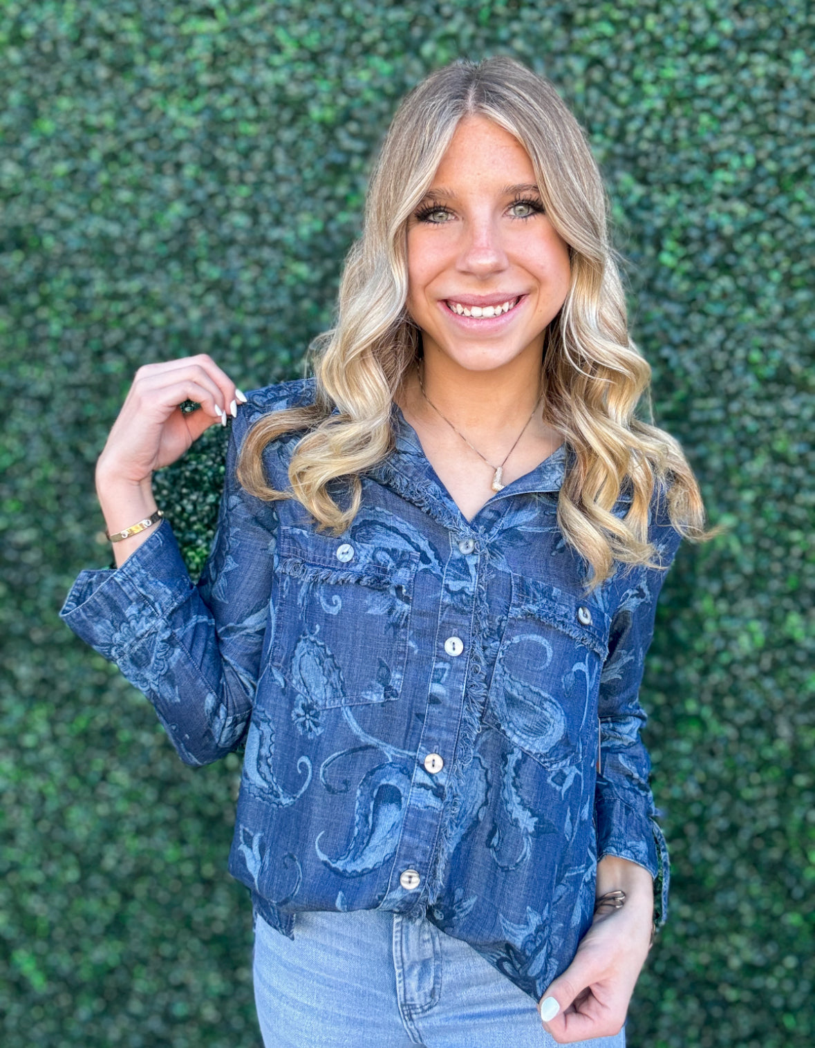 Top | John Mark Blue Printed Button Front W/Cinch Tie Sleeves