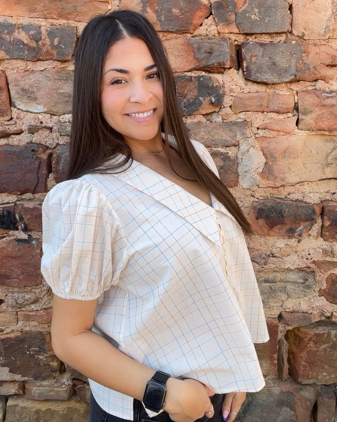 Tops | Blouse Light Taupe Checker Peter Pan Collar V-Neck Button