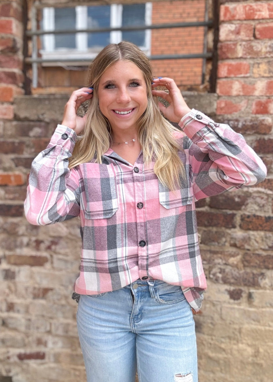 Top | Blouse Pink Plaid Long Sleeve Button Up Patch Pocket