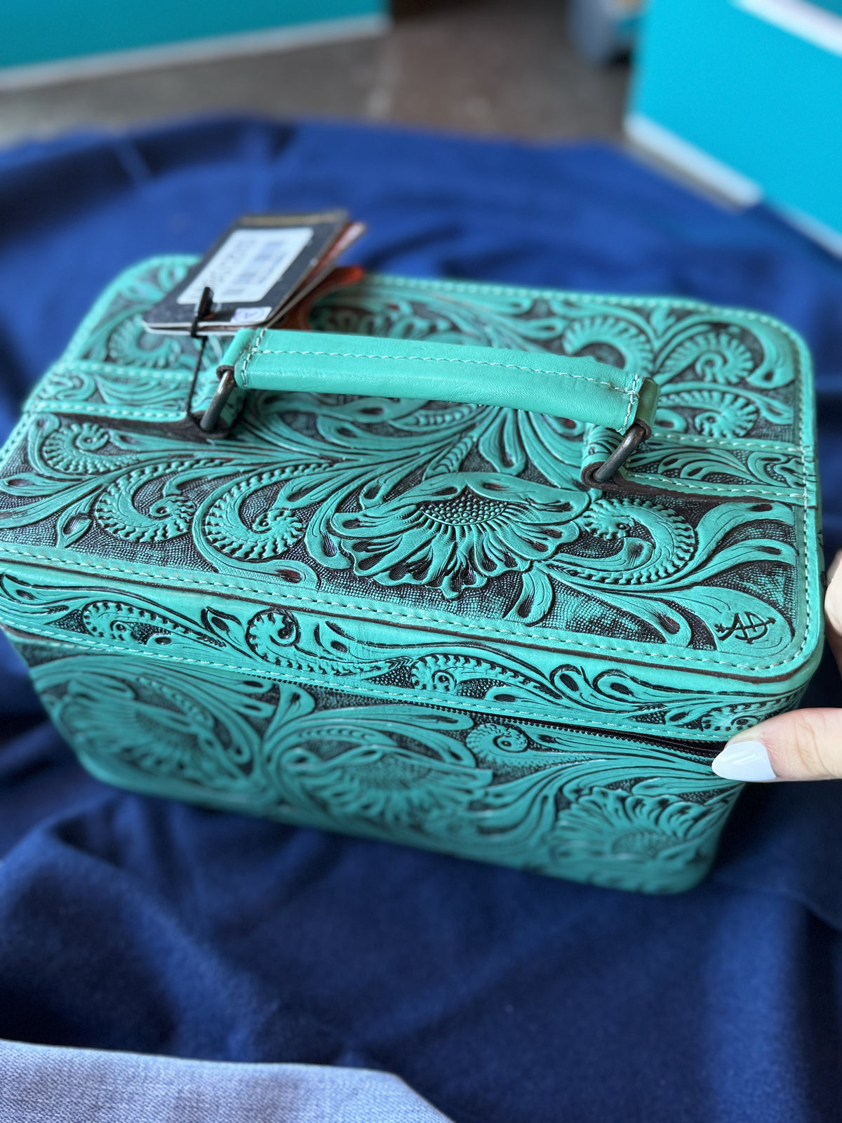 Jewelry Storage | Blue Hand Tooled Leather Case Organizer