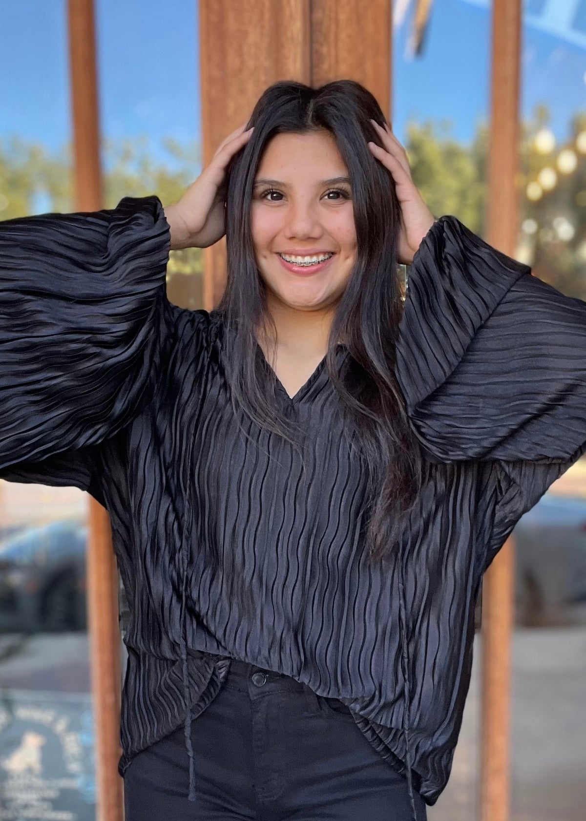 Top | Black V-Neck Chiffon High Low Hem Blouse