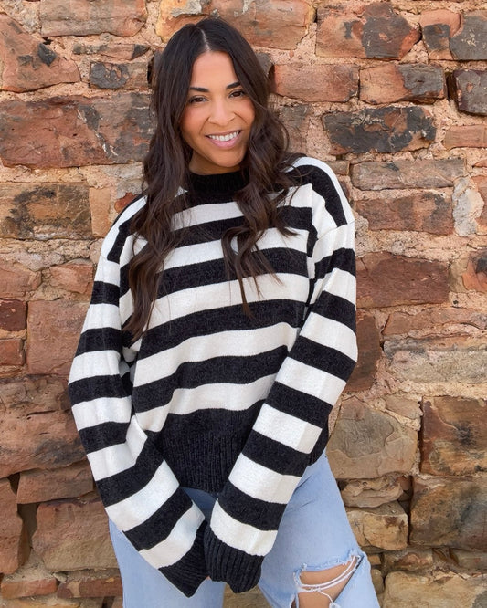 Tops | Sweater Black/Whip Cream Striped With Ribbed Edge