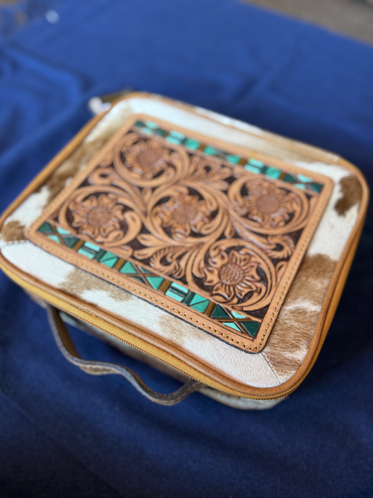 Jewelry Storage | Blue Hand Tooled Top Genuine Western Leather Case