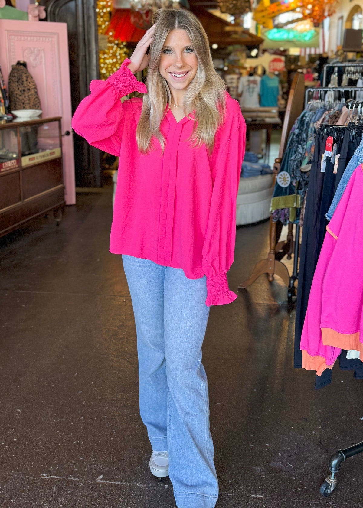 Top | Blouse Hot Pink Solid Color Shirred Cuff Notch V Neck