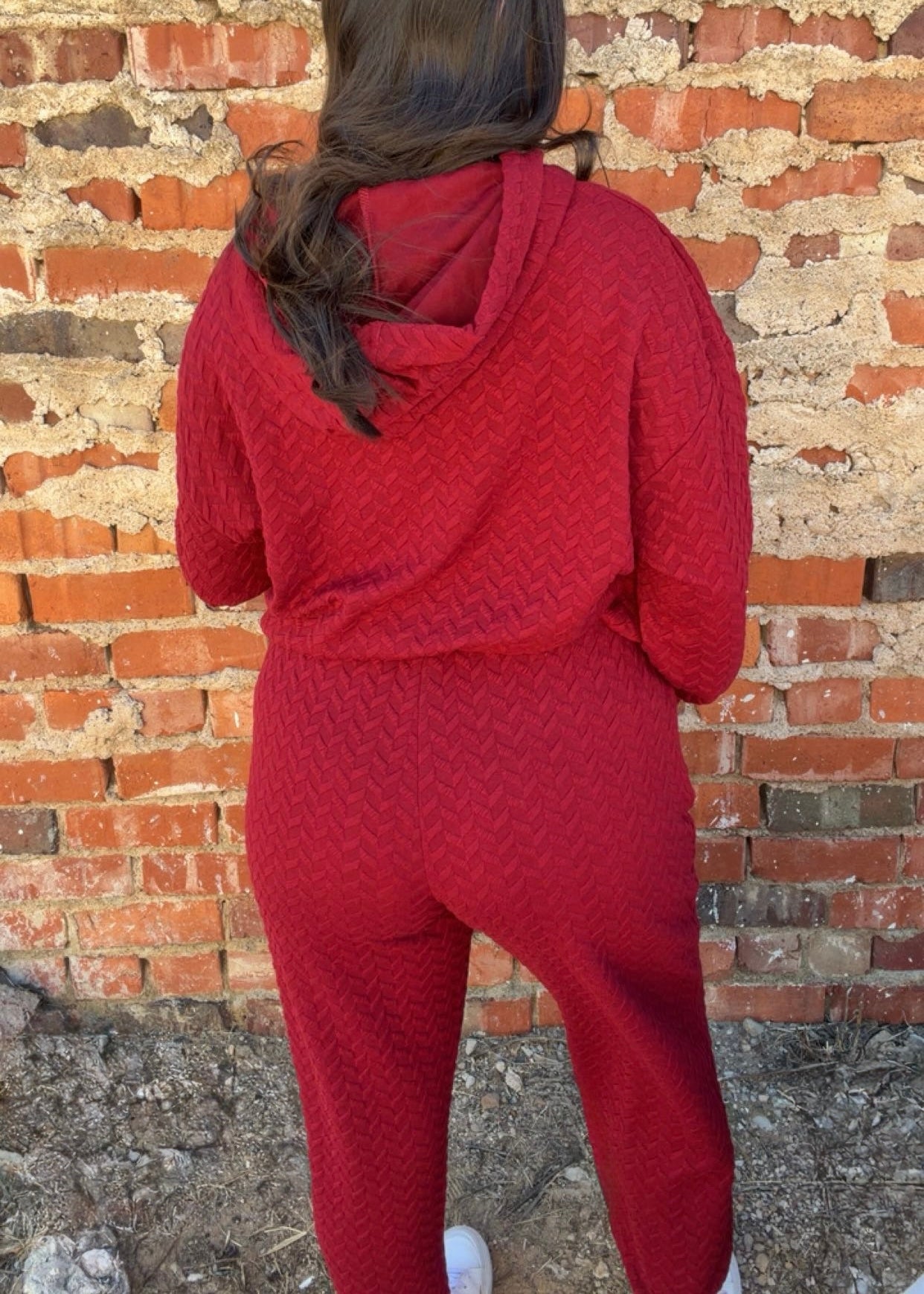 Sets | Sweatshirt & Pants Red Textured Jacquard Hoodied