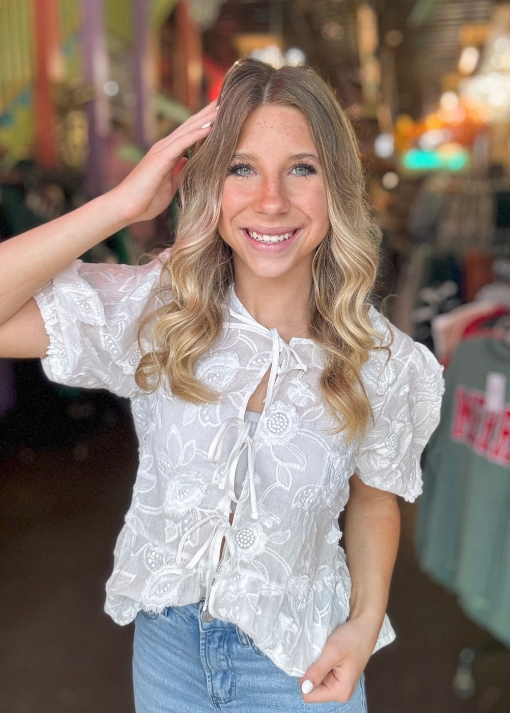 Top | Blouse Bow Tie Front White Embroidered Short Sleeve