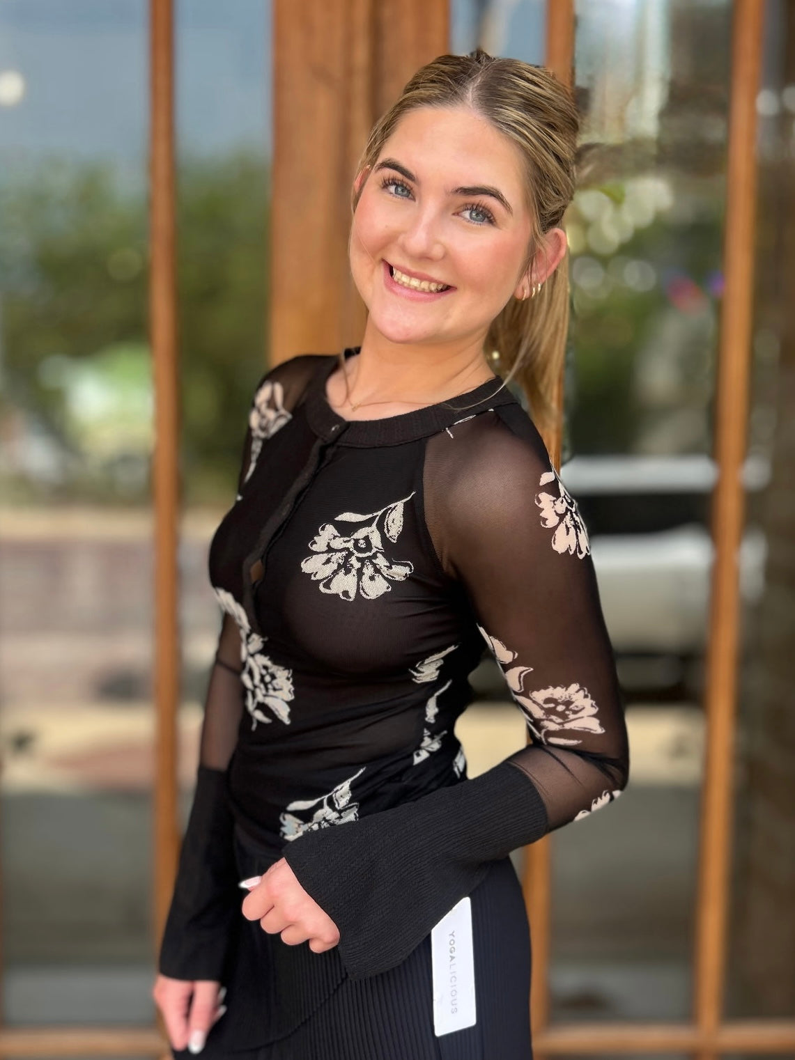 Top - Black Floral Mesh Long Sleeve