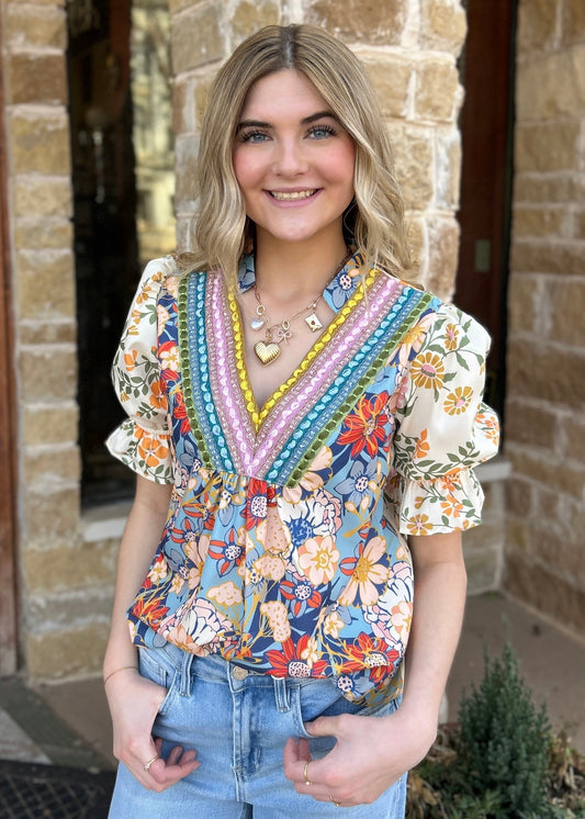 Top | Boho Floral Crochet V-Neck Half Sleeve