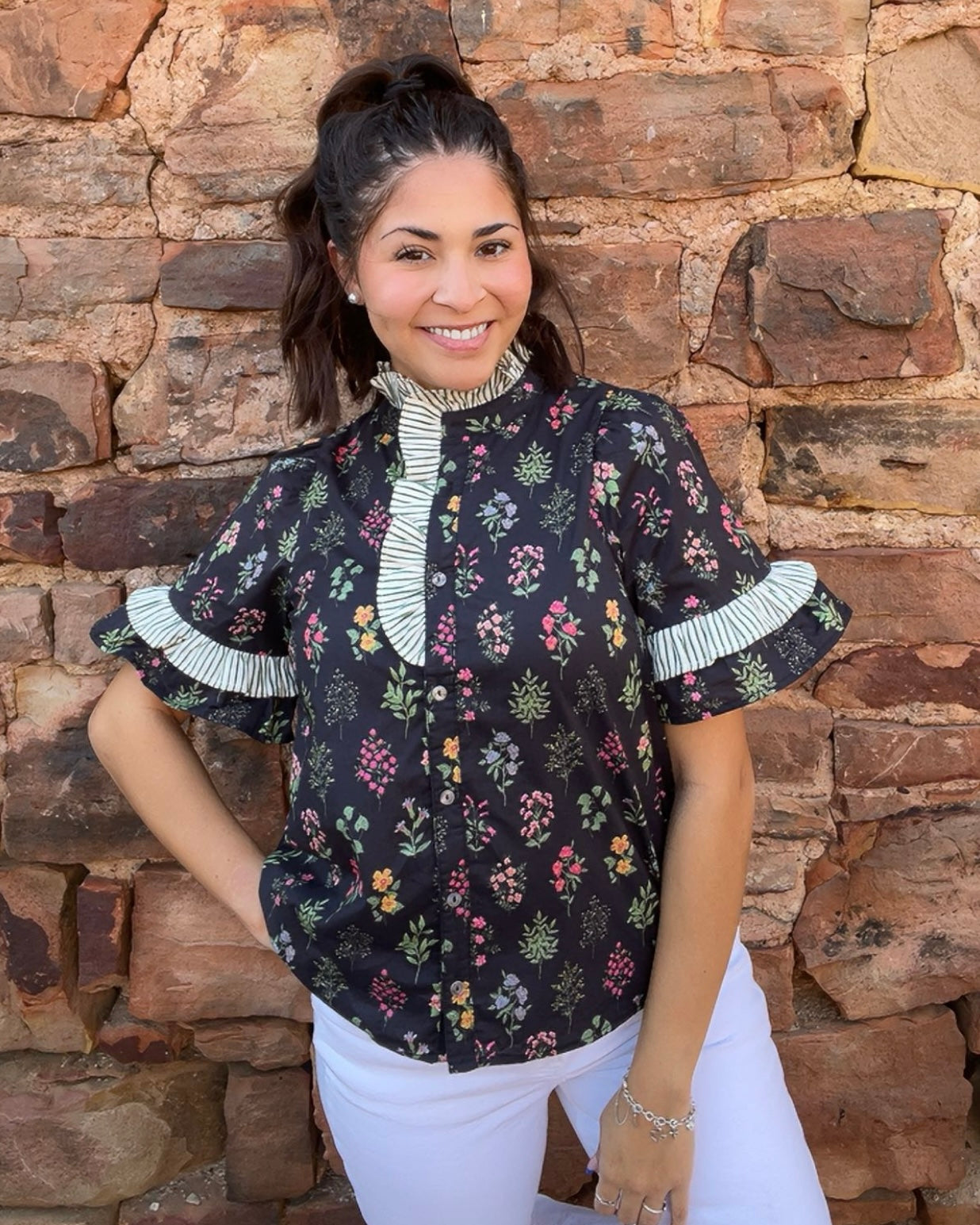 Tops | Blouse Black Multi Floral White/Green Stripe Ruffle Button Up