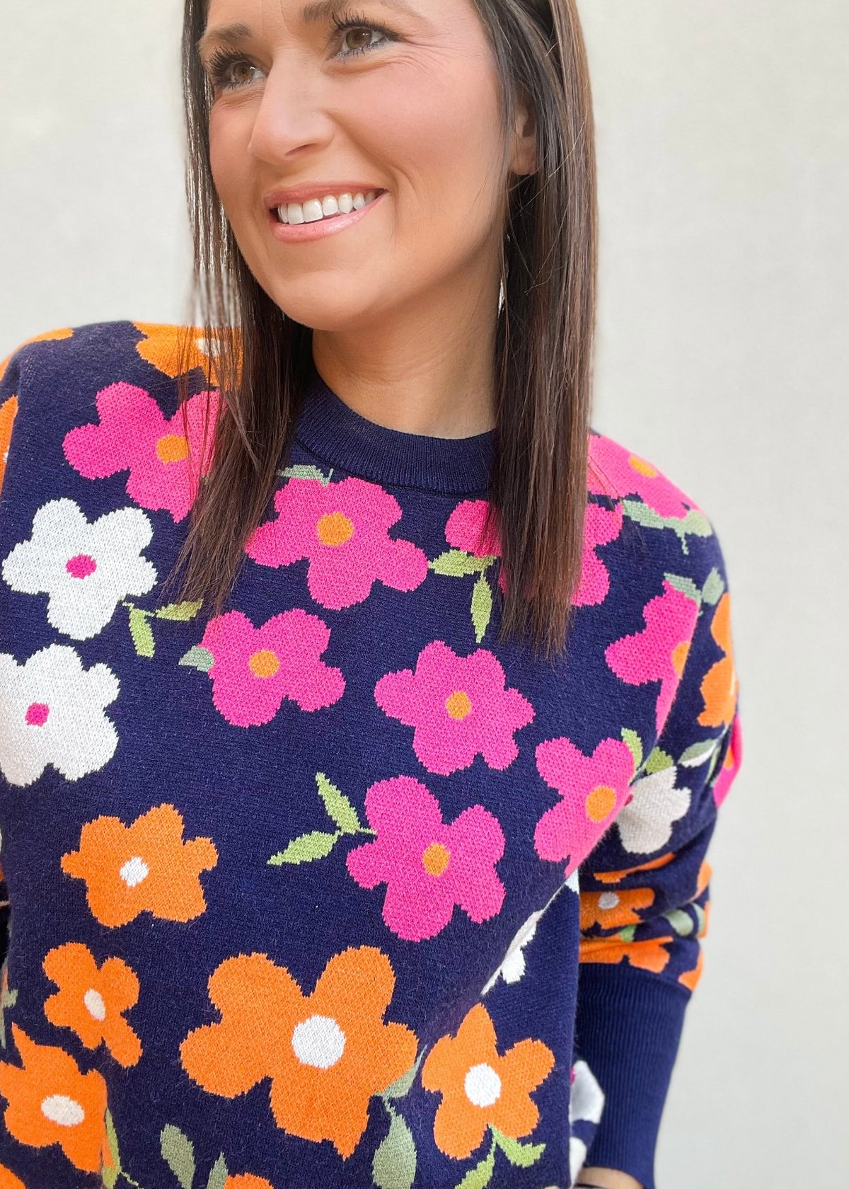 Top | THML Sweater Navy with Pink Orange White Flowers Hits at the Waist