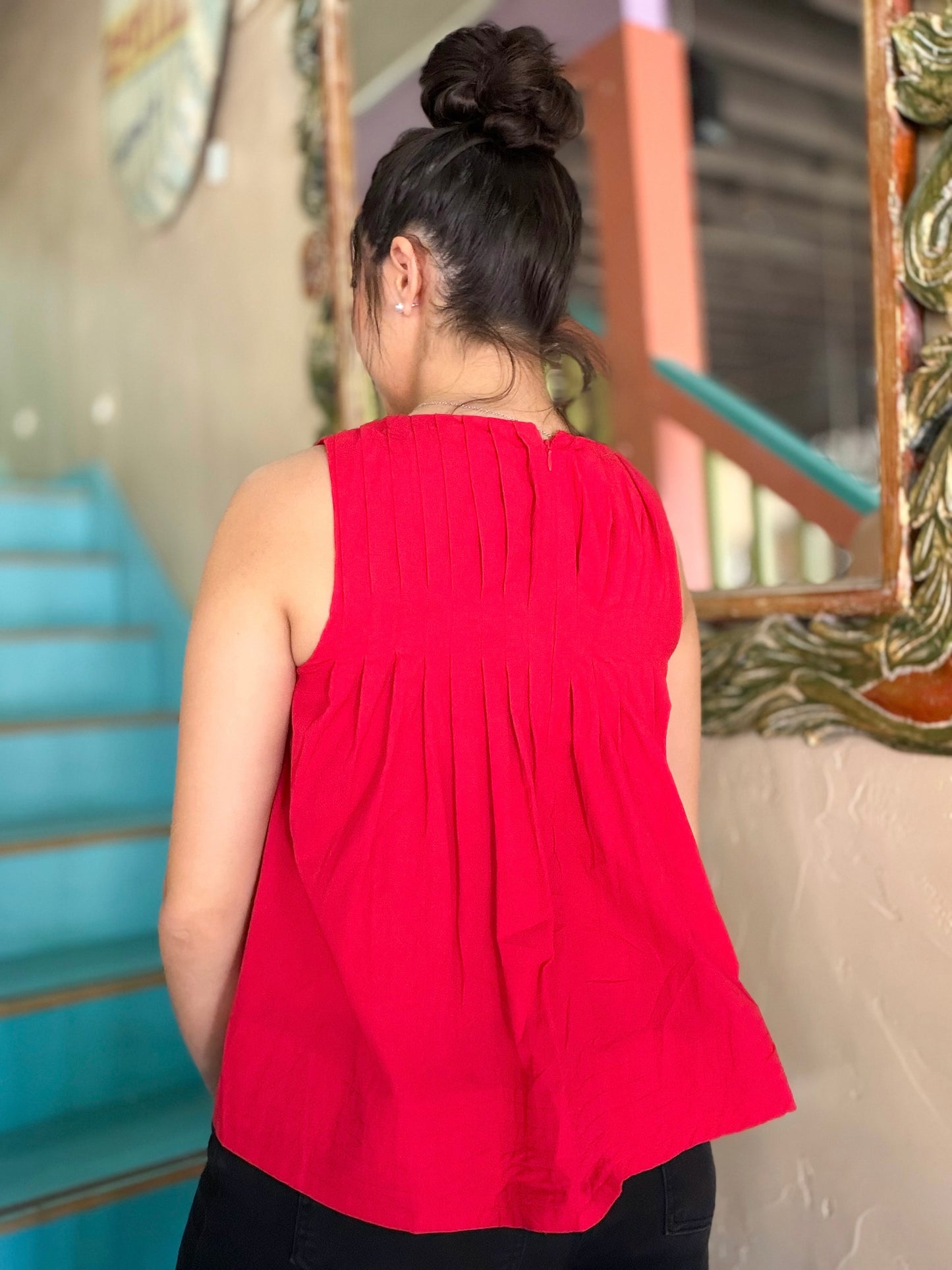 Blouse - Red Pleated Sleeveless Top