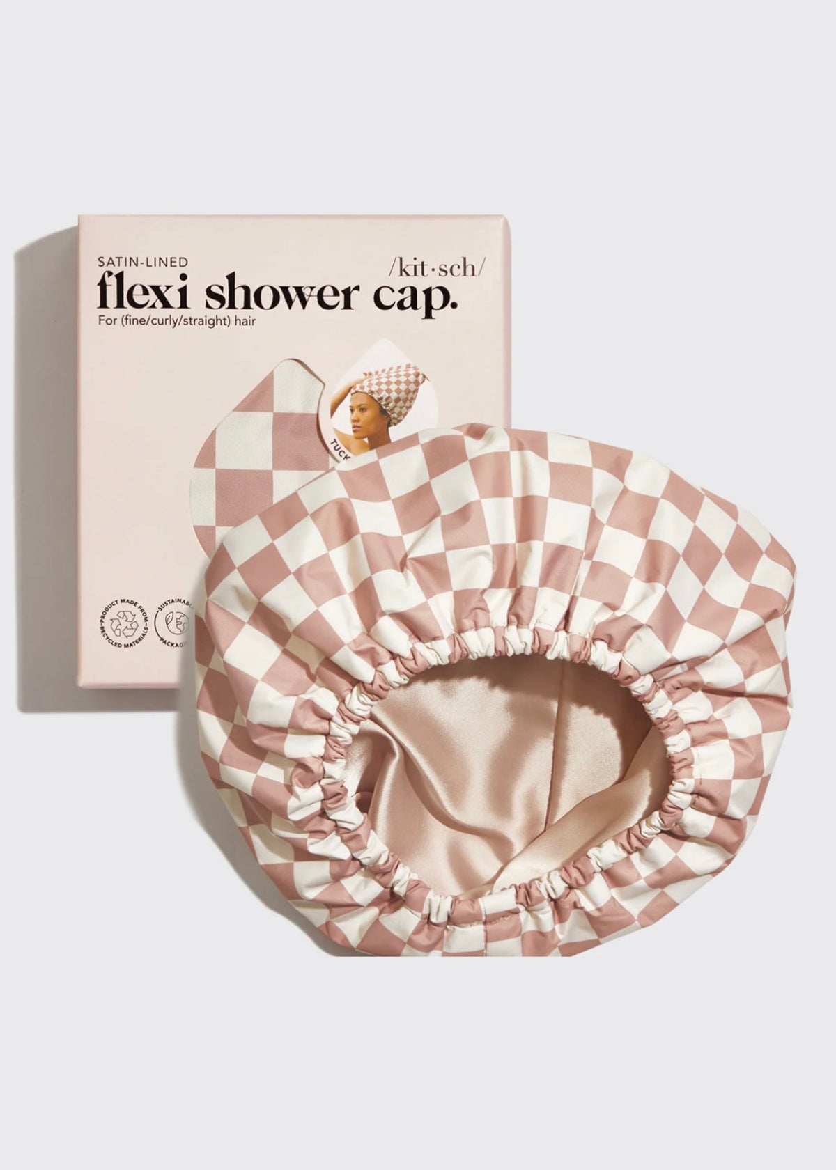 Bath &amp; Beauty | Kitsch Satin Lined Flexi Terracotta Checker Shower Cap