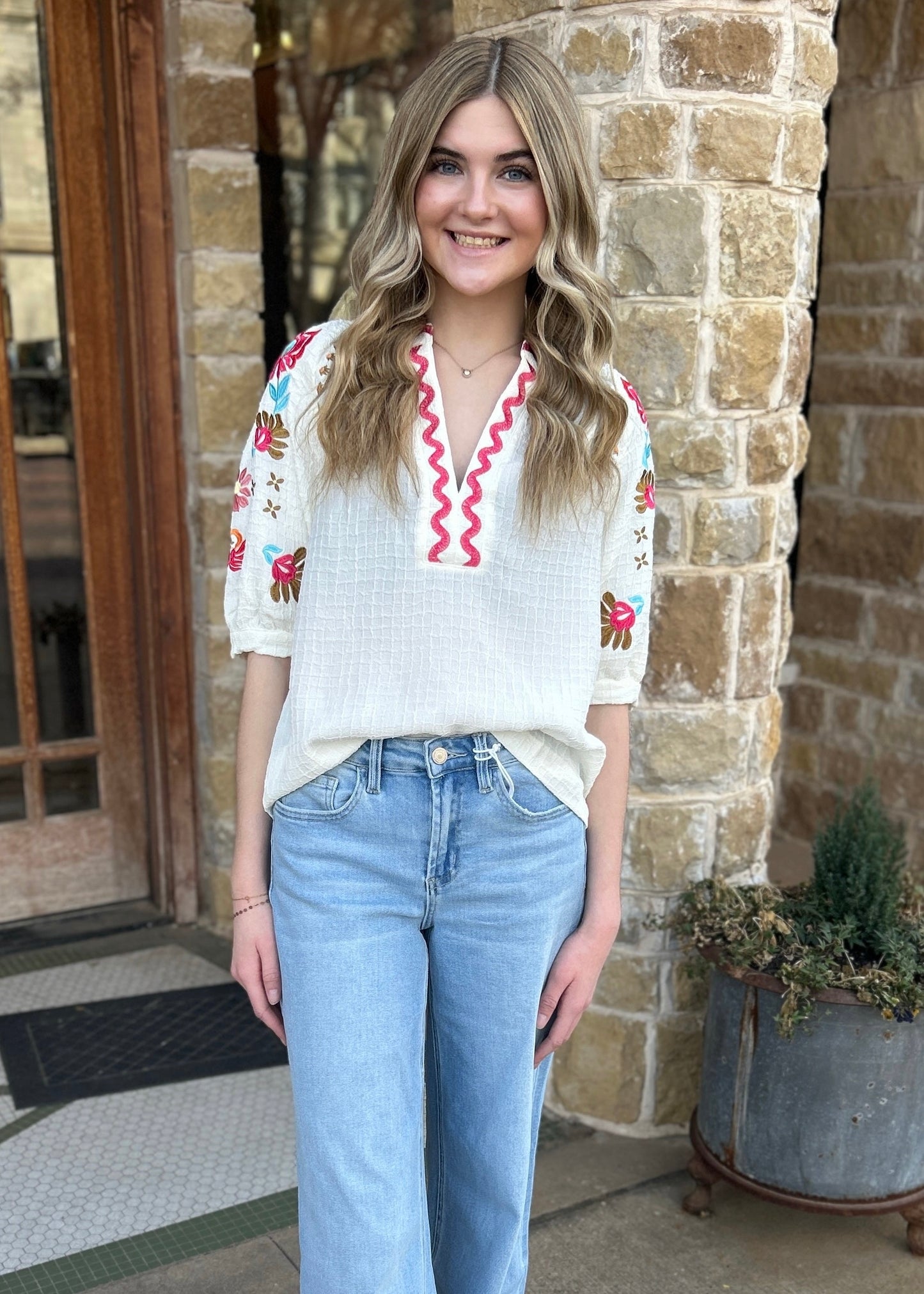 Top | Floral Embroidered Ricrac V Neck Blouse