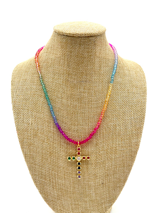 Jewelry | Necklace Beaded Multicolor With CZ Cross