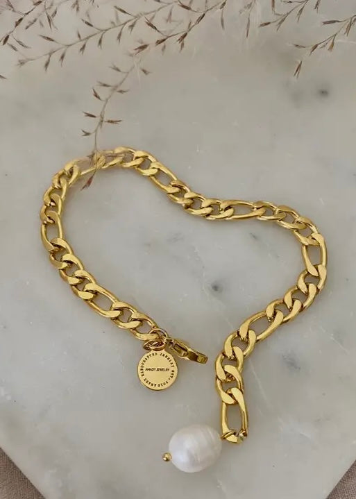 Bracelet | Gold Plated Flat Cuban Chain 18k Over Stainless Steel Pearl