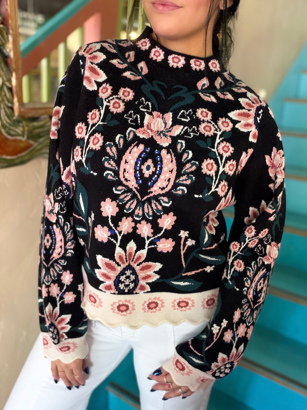 Sweater - THML Floral High Neck