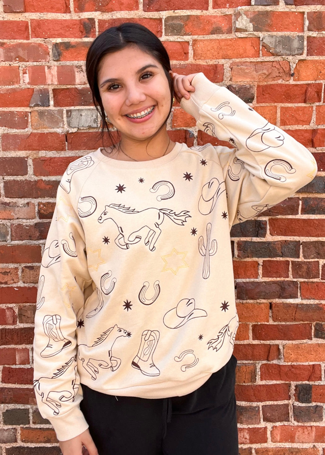 Top | Blue B Pullover Embroidered Taupe Western Symbols