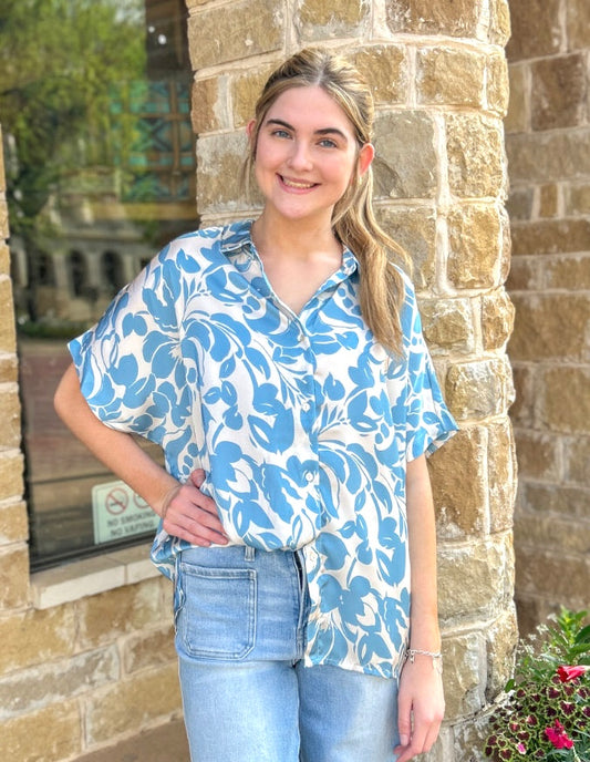 Tops | Blouse Blue Floral Print Collared Short-Sleeve Satin Button Front