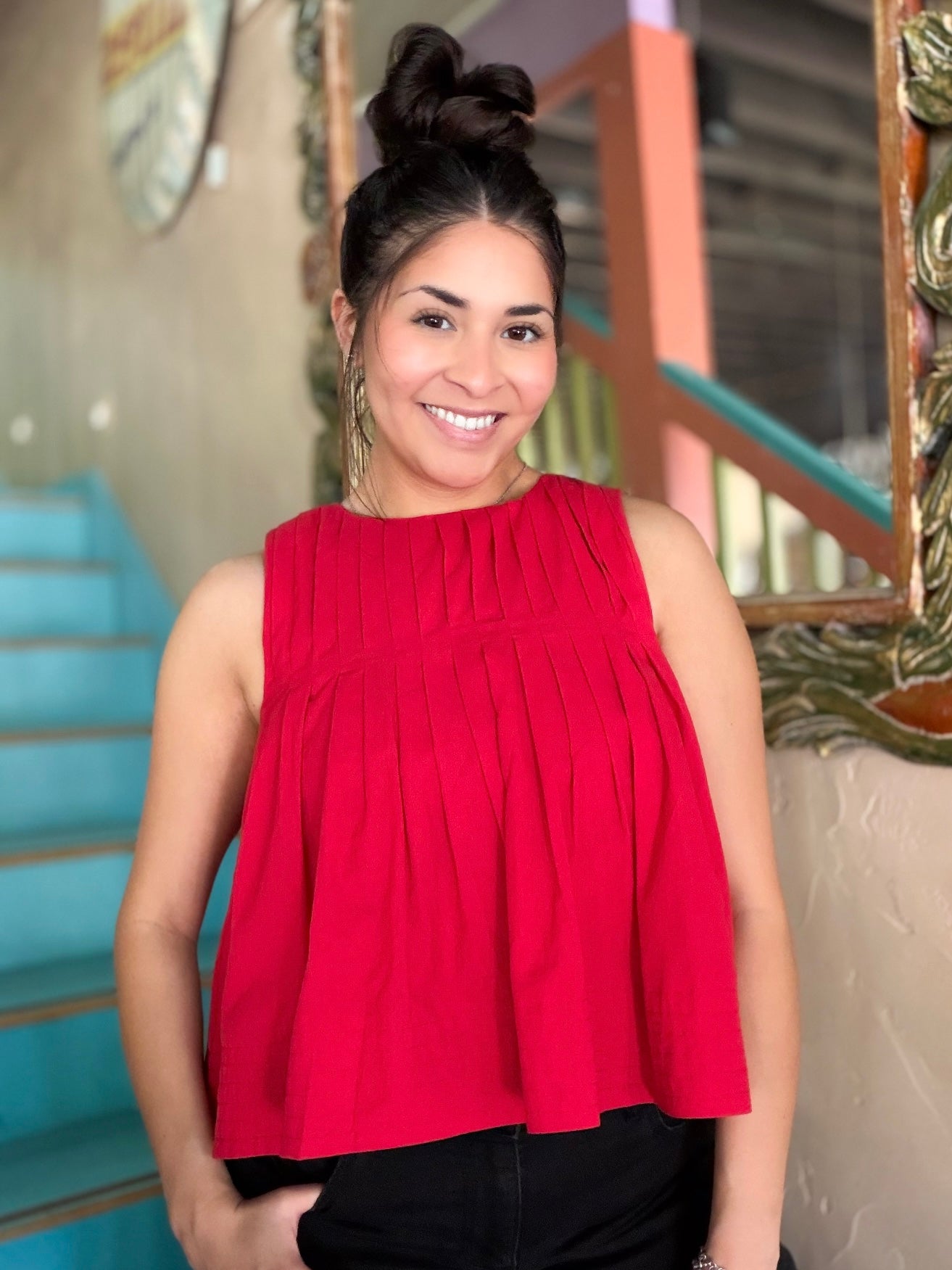 Blouse - Red Pleated Sleeveless Top