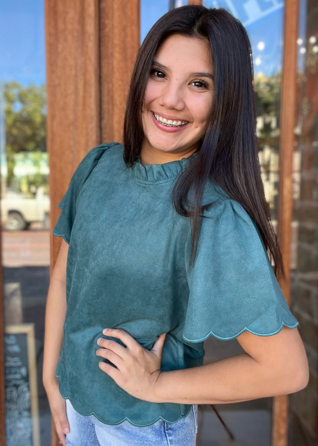 Top | THML Blouse Teal Short Sleeve Suede