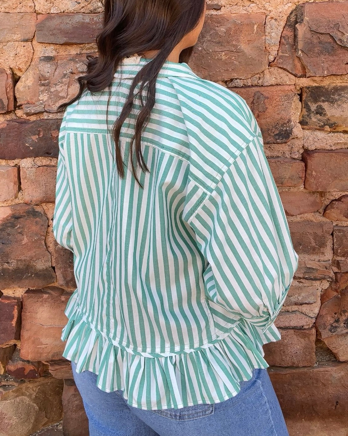 Tops | Blouse Woven Cotton Striped Button Down Ivory Green