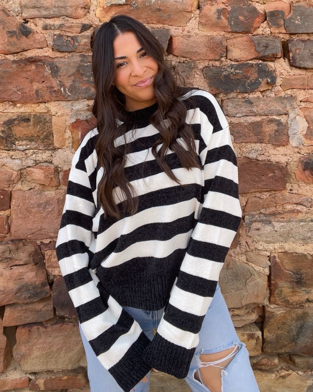 Tops | Sweater Black/Whip Cream Striped With Ribbed Edge