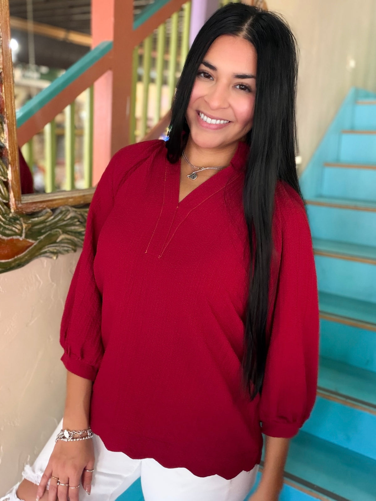 Blouse - Wine Scallop Balloon Sleeve