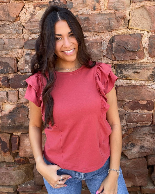 Tops | Blouse Rust Double Ruffled Short Sleeve