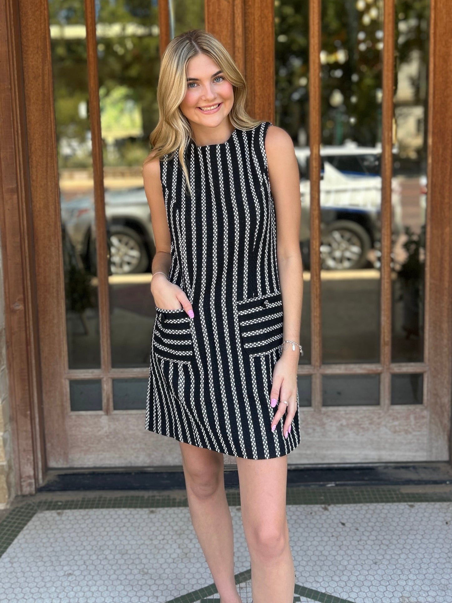 Dress | Striped Tweed Sheath Mini Black/White
