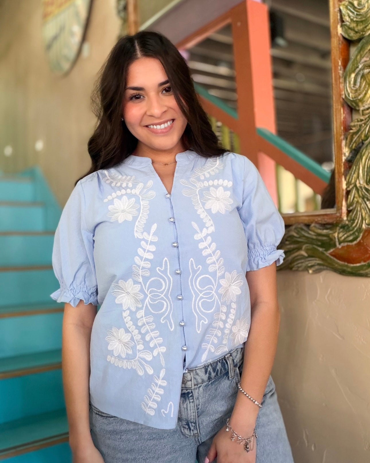 Sky Boho Puff Sleeve Blouse