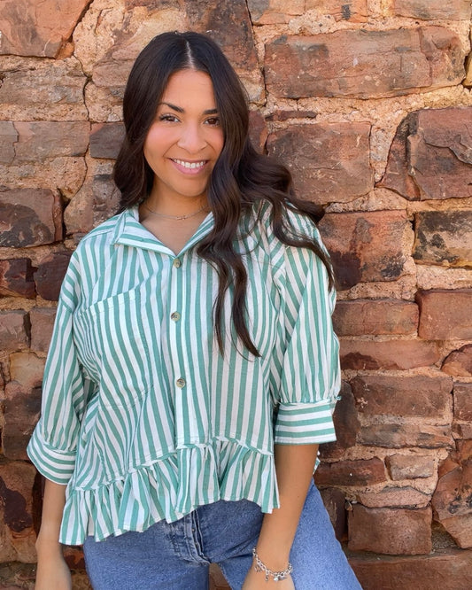 Tops | Blouse Woven Cotton Striped Button Down Ivory Green