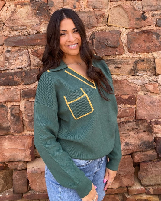 Tops | Sweater Ribbed Collared Green Mustard