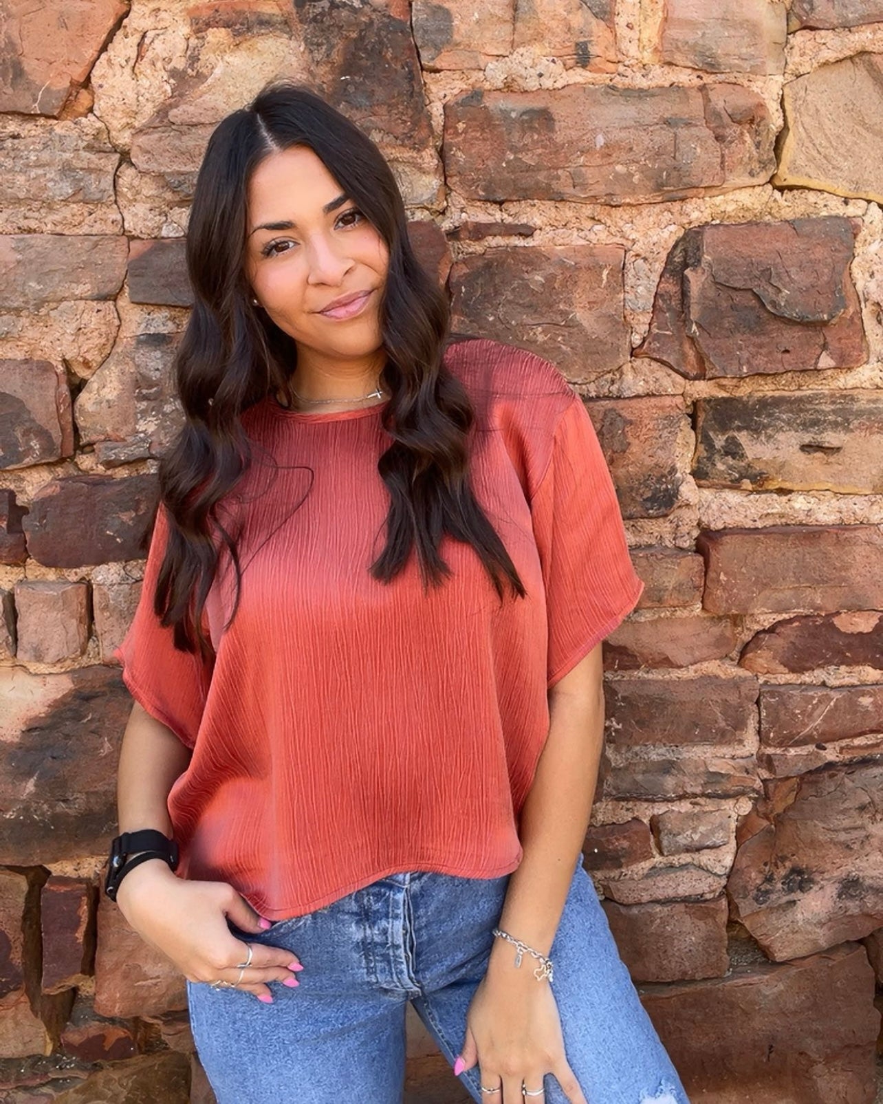 Tops | Blouse Rust Woven Cupro Short Sleeve