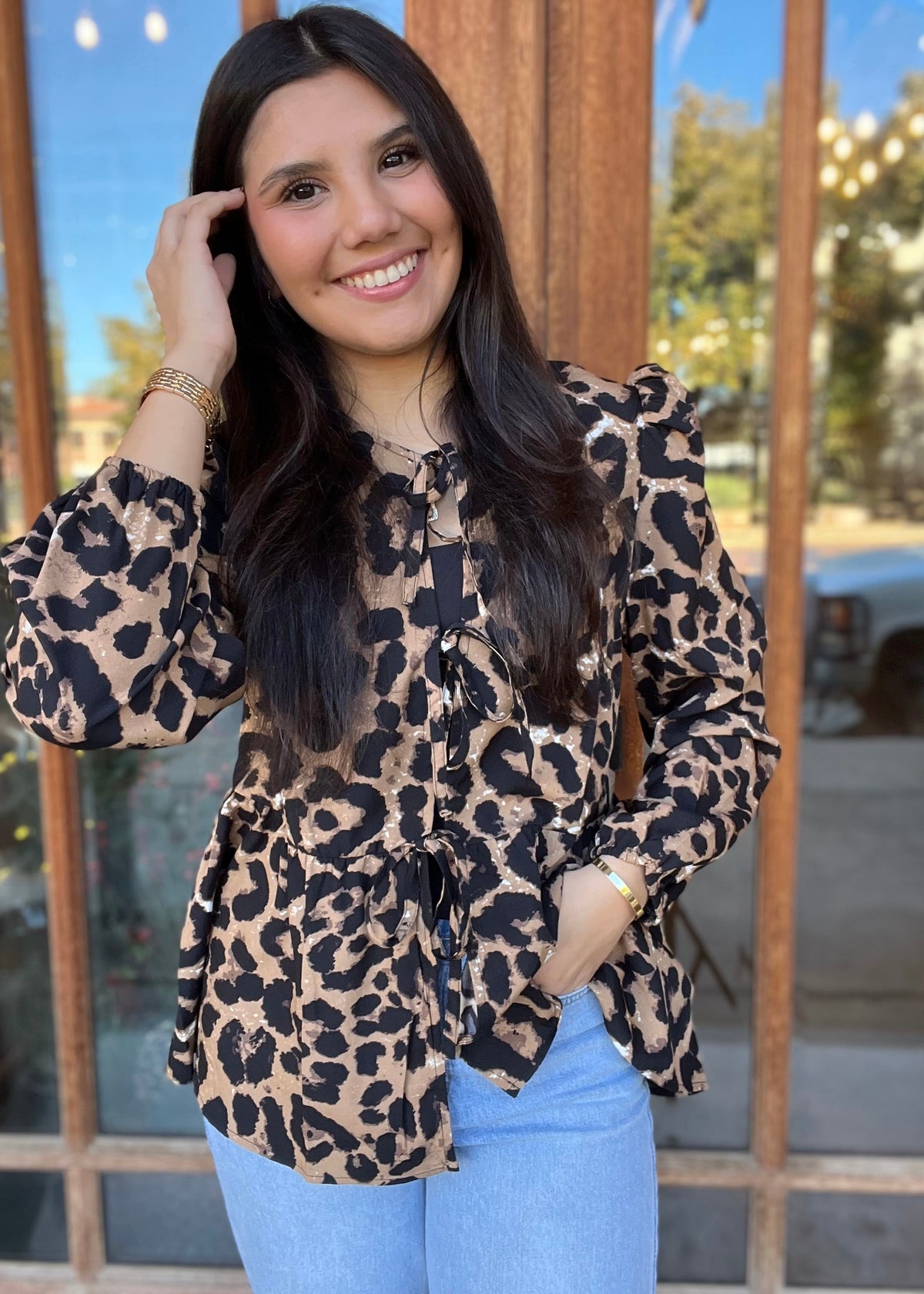 Top | Leopard Tie Front Peplum Blouse