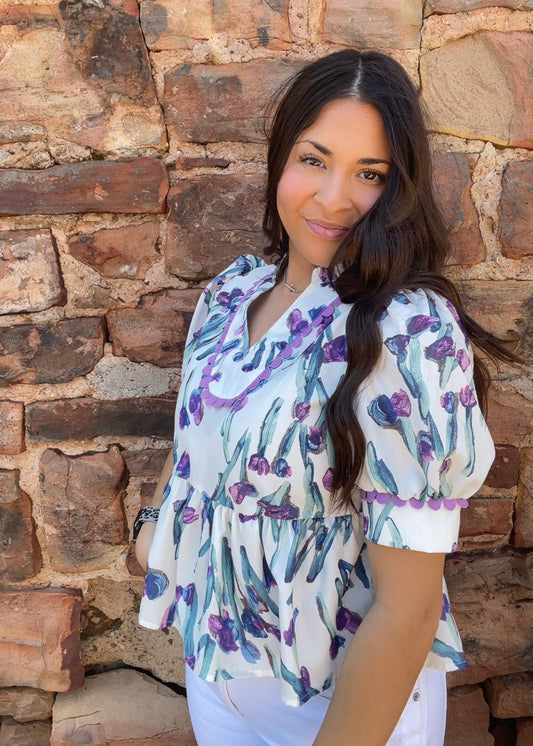Tops | Blouse Purple Ricrac Trim Half Sleeve Peplum