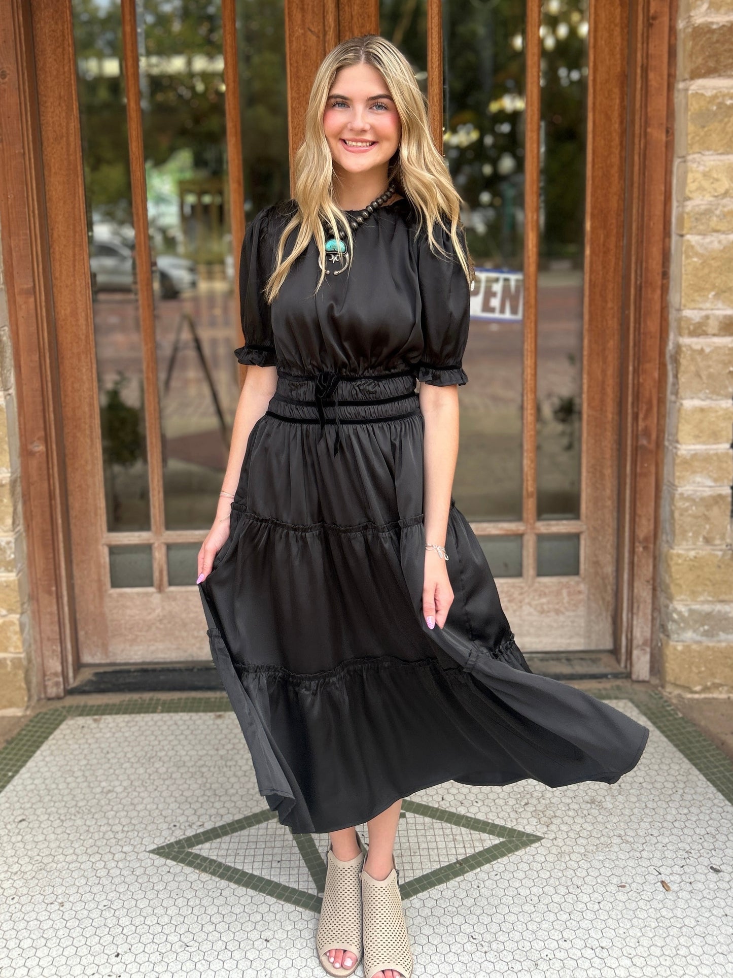 Dress | Velvet Trim Rushed Satin Black